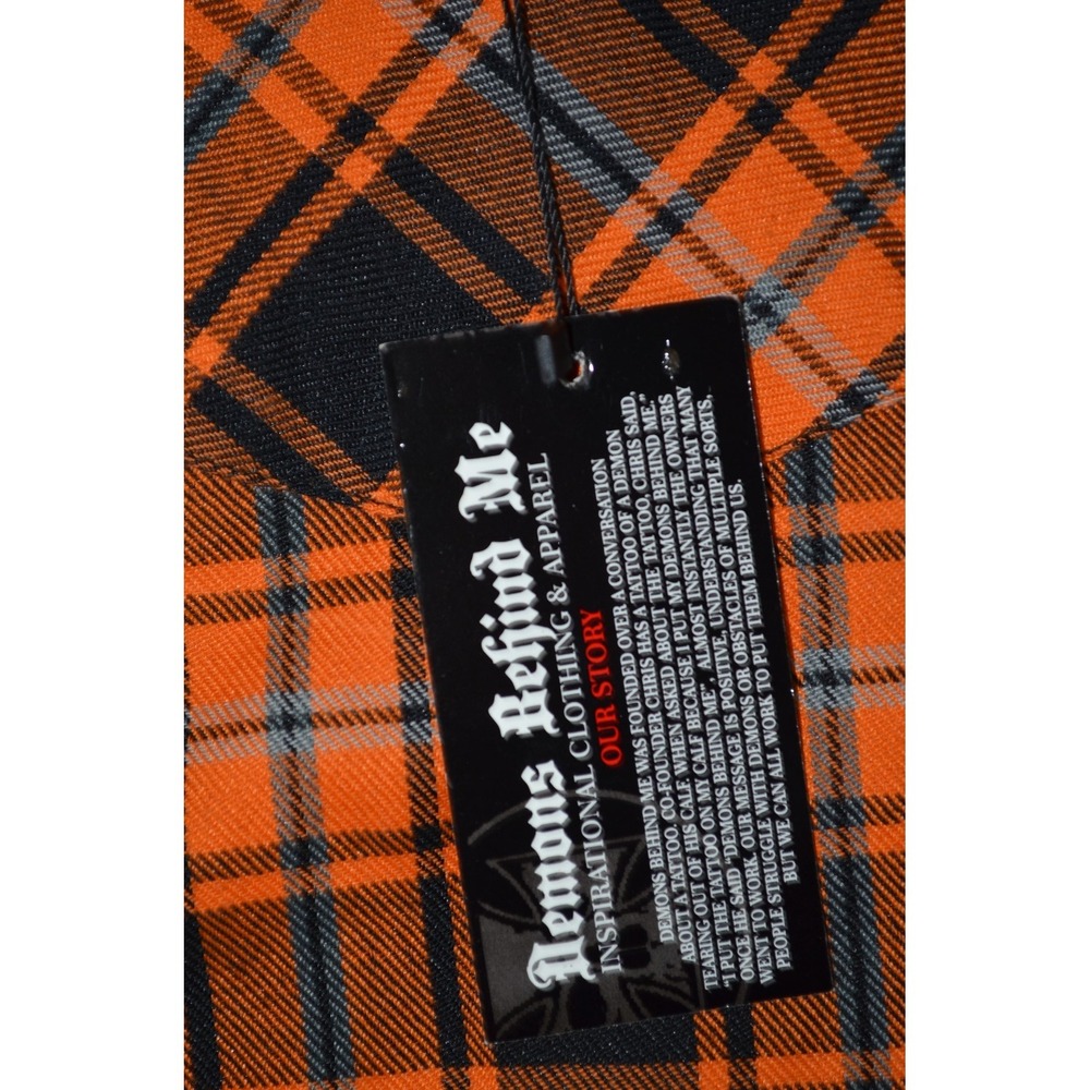Demons Behind Me Flannel Button Up Shirt 3XLT Orange Black Plaid Skull Patch New - Picture 3 of 12